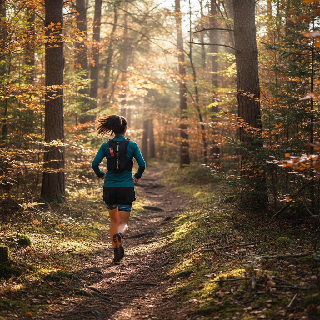 Woman running in woods