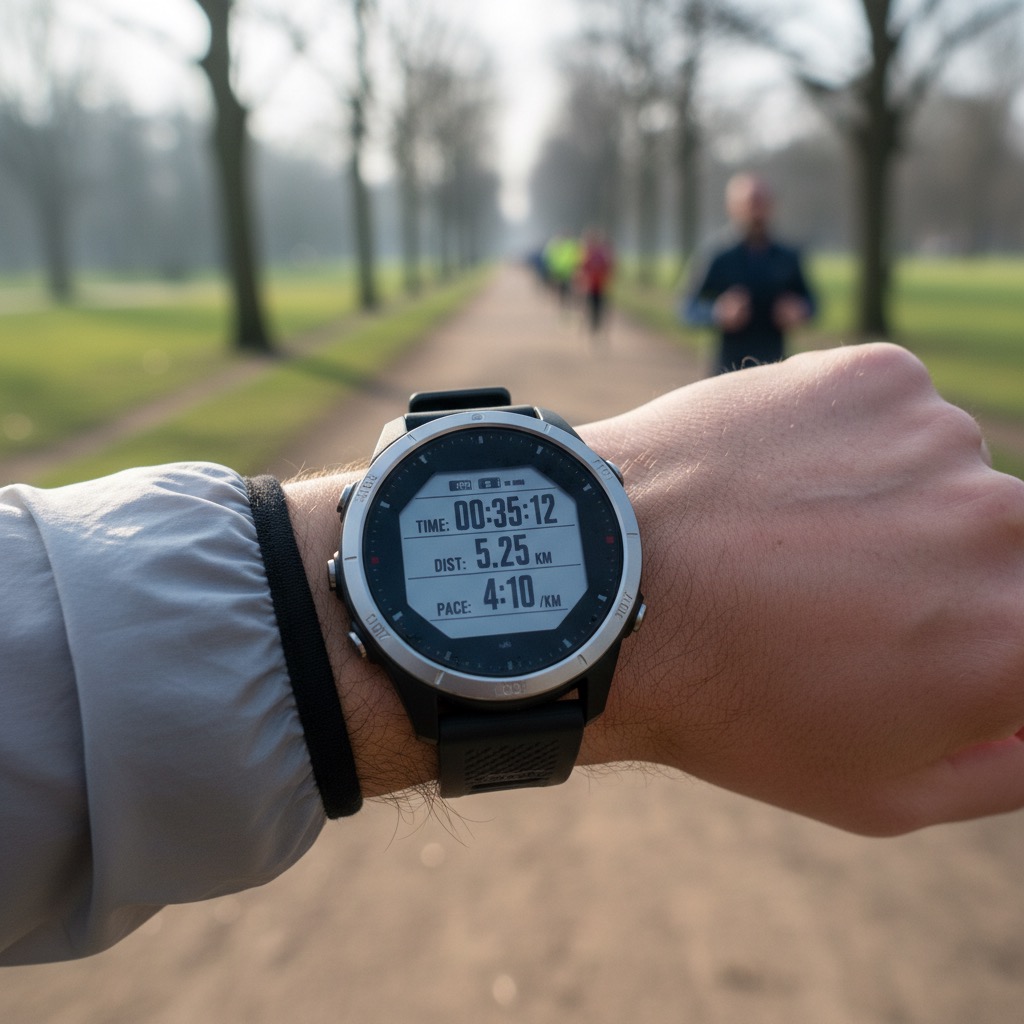Running watch on wrist 
